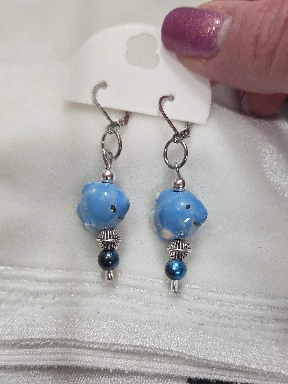 Handcrafted White Blue Fish Pierced Earrings Silver Lever Back Handmade Unique